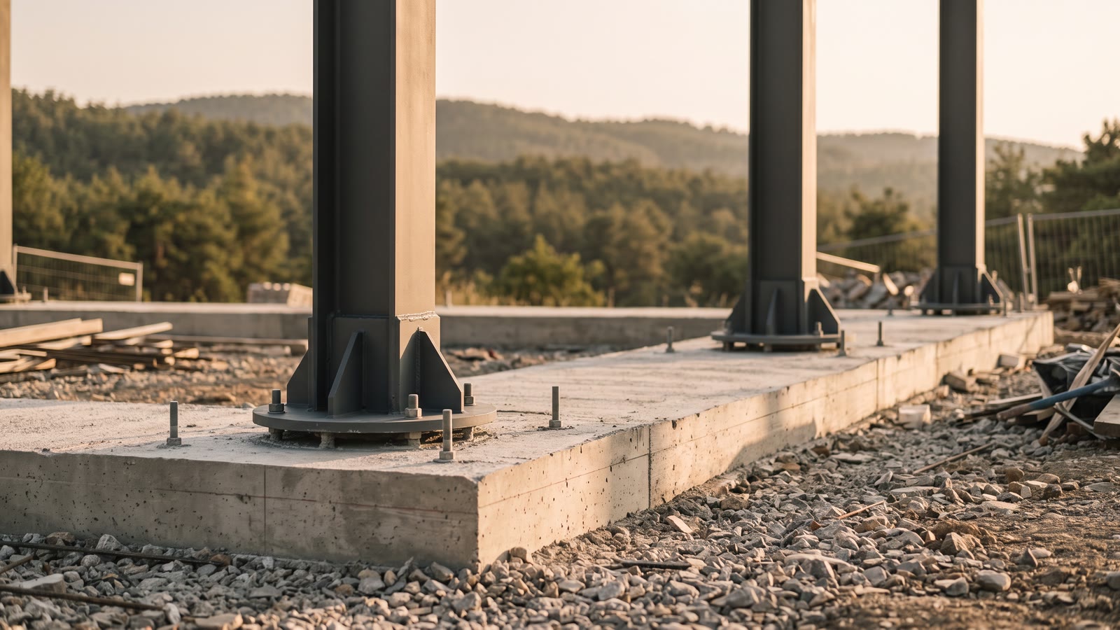 Konsept çalışma: betonarme temel üzerine ankraj bulonlarıyla oturtulmuş çelik kolon taban plakaları, ilk kolonlar dikilmiş
