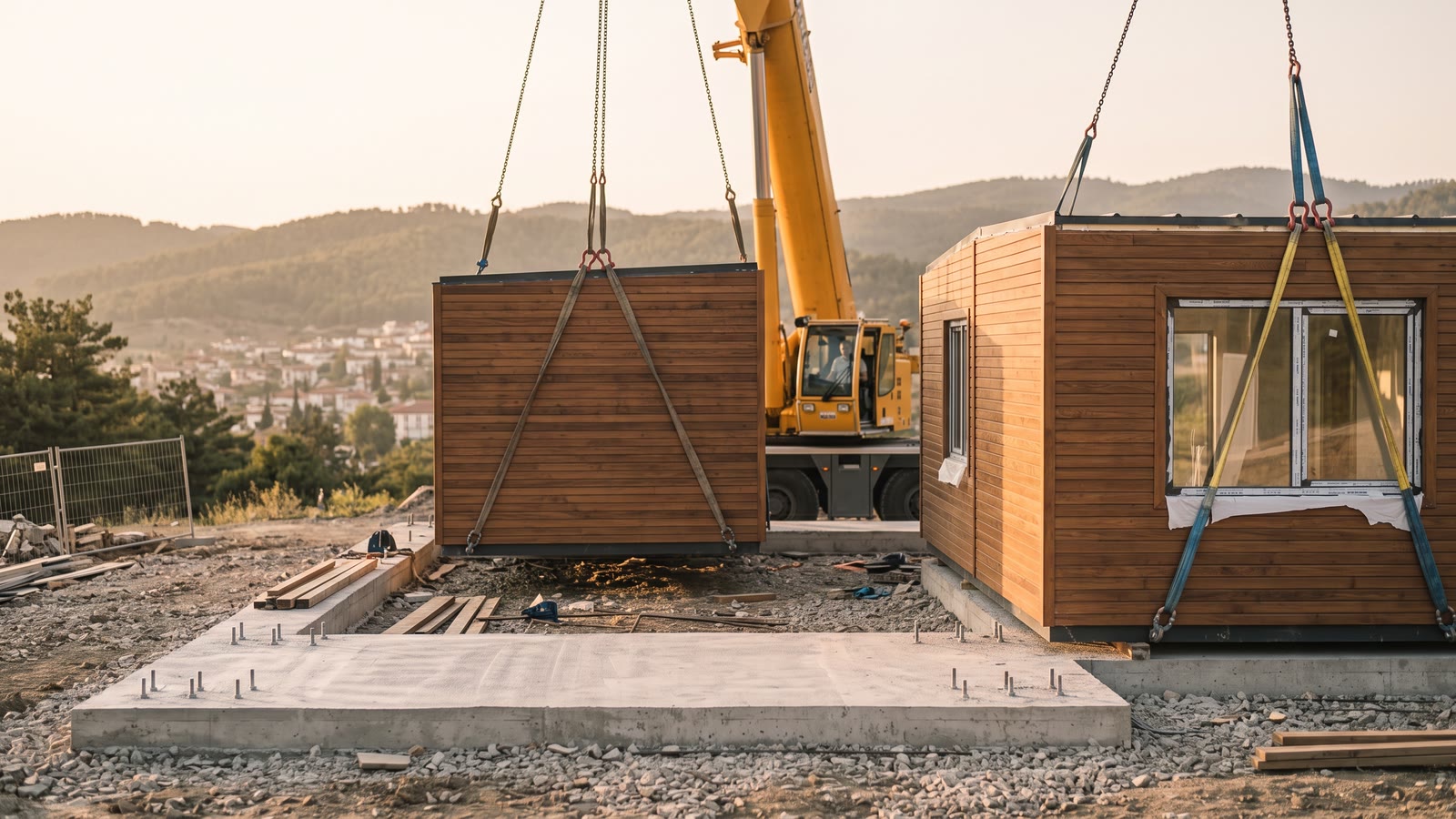 Konsept çalışma: vinçle betonarme temele indirilen fabrika üretimi hacim modülü, yanında yerine oturmuş ahşap kaplamalı ikinci modül