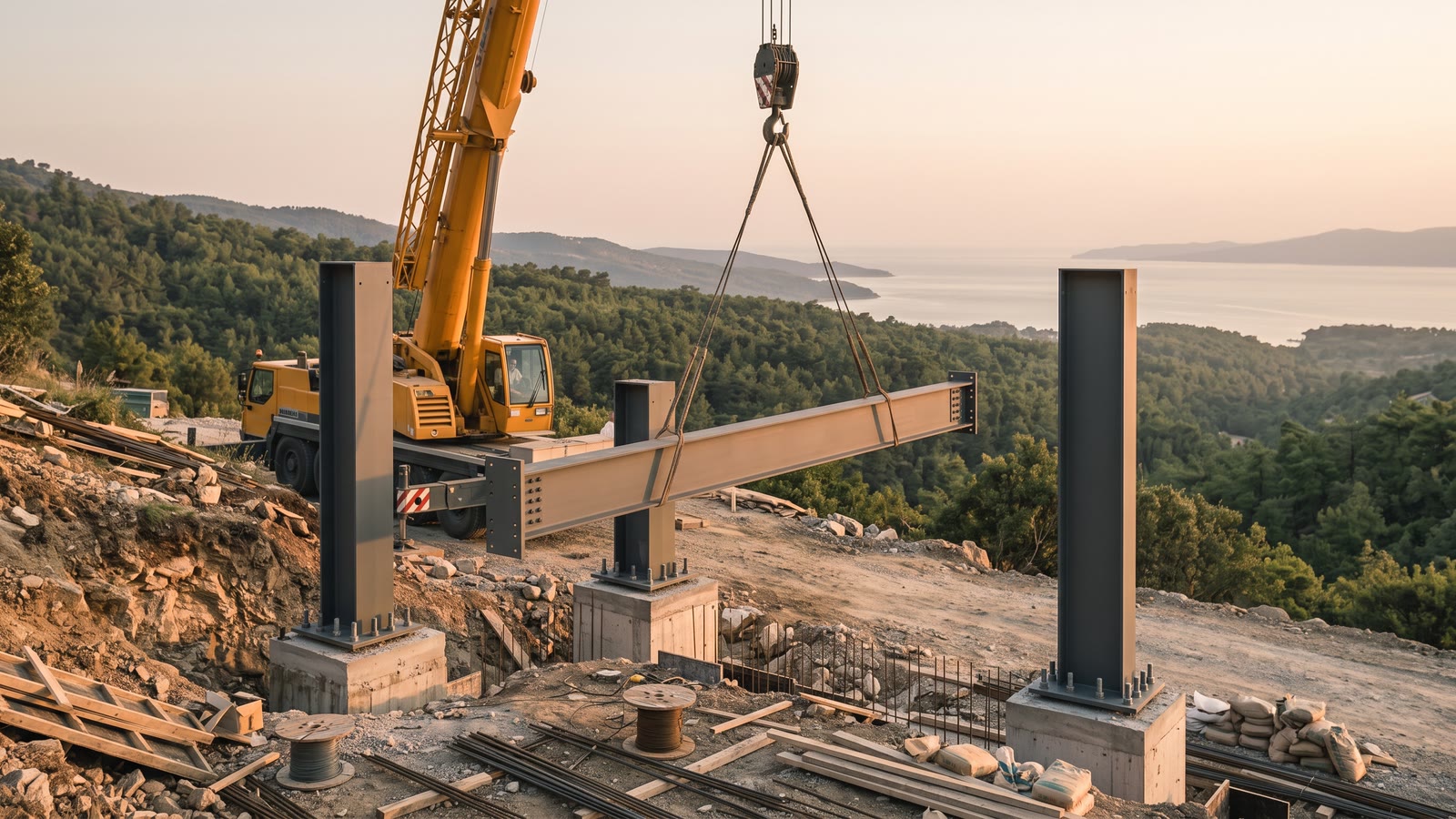 Konsept çalışma: yamaç parselde vinçle kaldırılan çelik kiriş, altında betonarme temele bulonlanmış iki çelik kolon