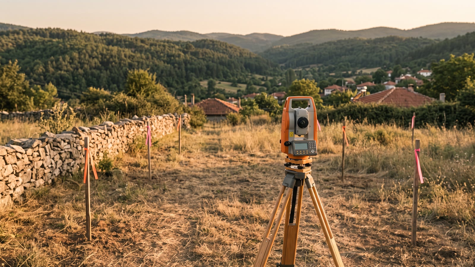 Boş parselde ölçüm: üçayak üzerinde total station, köşeleri işaretleyen turuncu şeritli sınır kazıkları, bir kenarda taş duvar