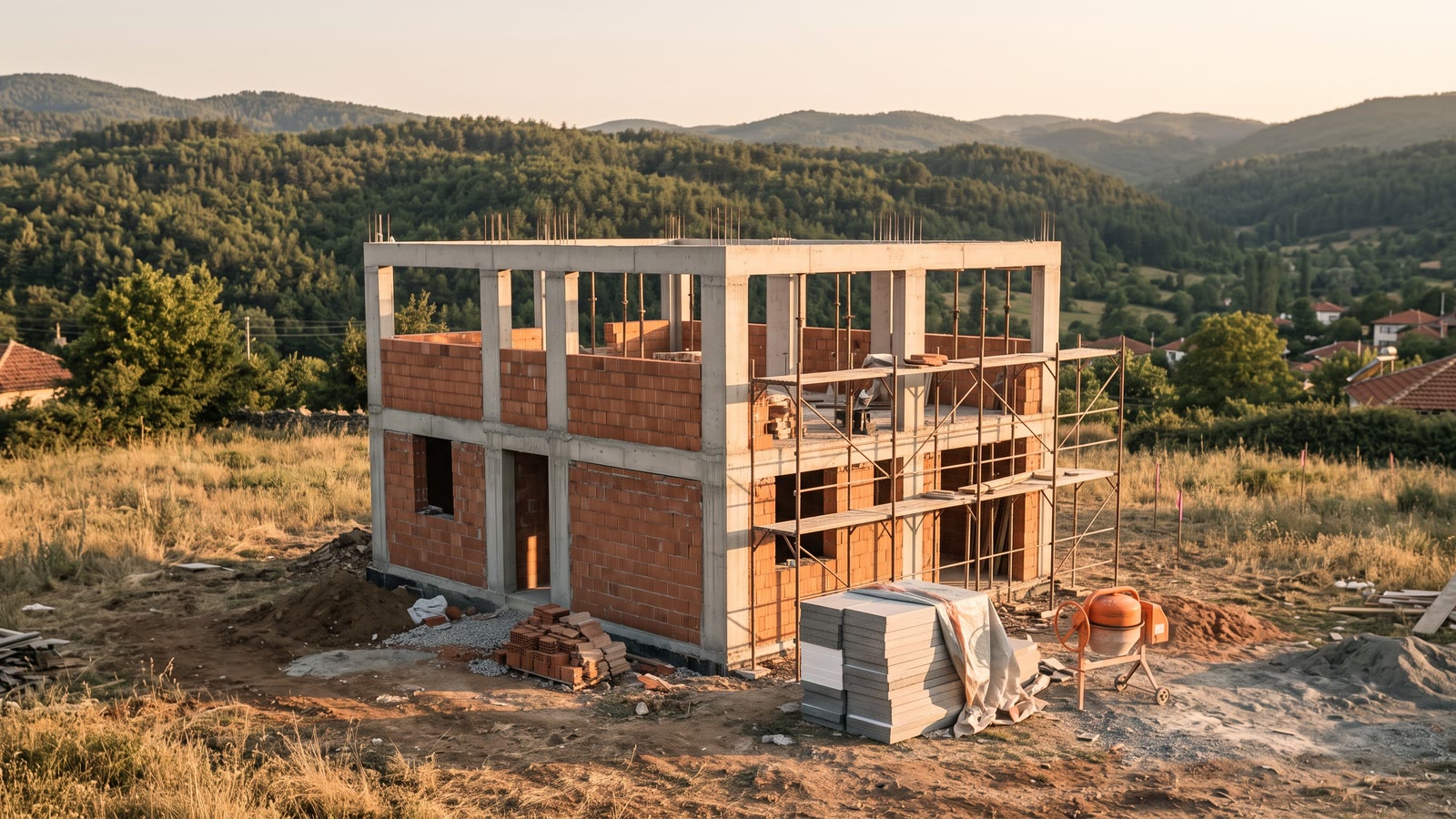 Yapım aşamasındaki müstakil ev: betonarme iskelet tamamlanmış, tuğla dolgu duvarlar örülüyor, bir cephede iskele, yanda yalıtım levhaları ve betonyer