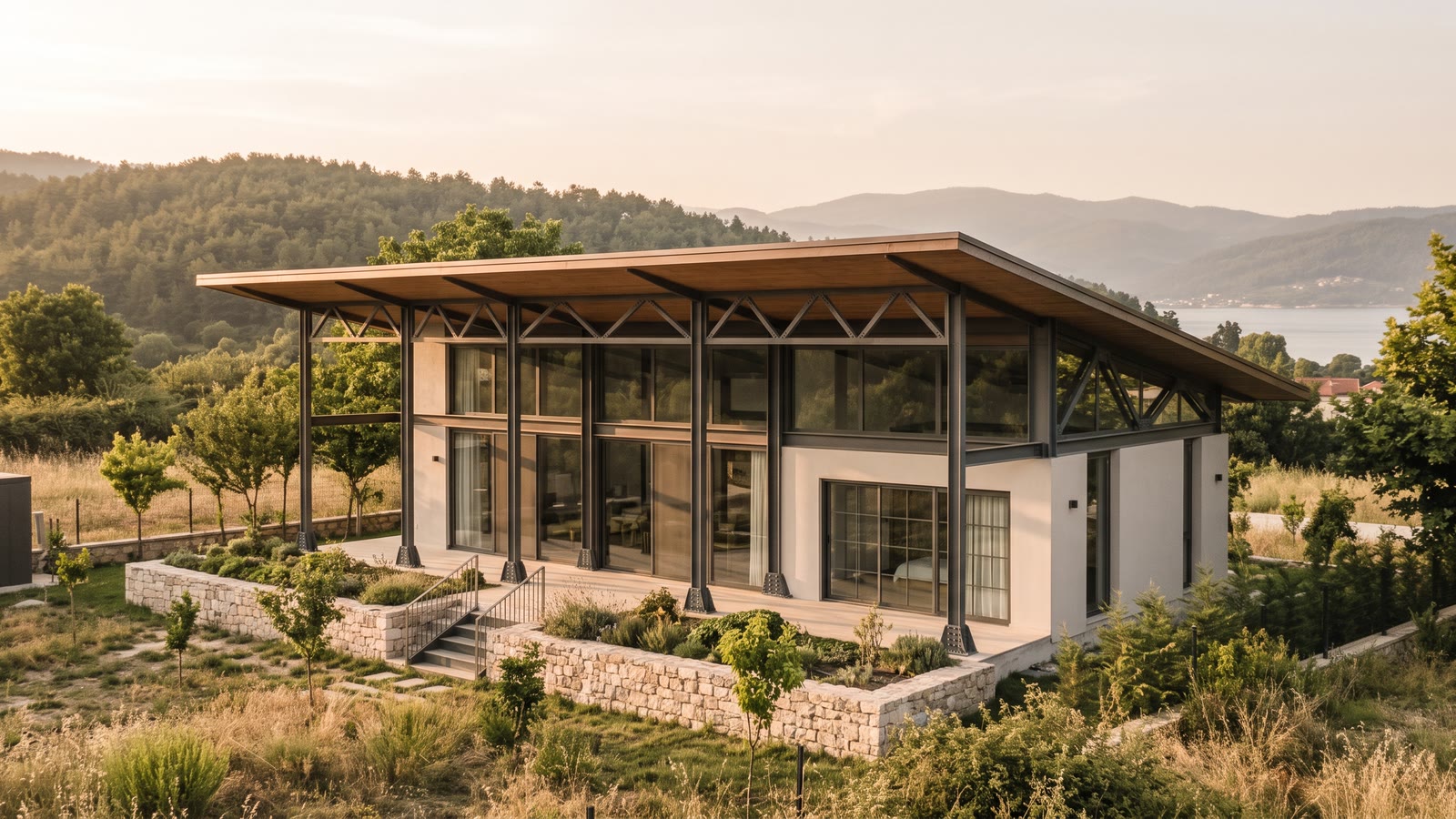 Konsept çalışma: eğimli parselde iki katlı çelik konstrüksiyon villa, mat gri çelik kolonlar ve makaslar, geniş cam yüzey, taş istinat duvarı